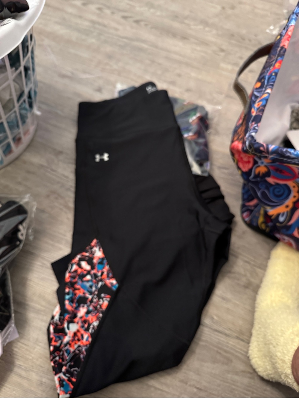 Under Armour Black ladies Leggings with Red, Blue & White Side Print